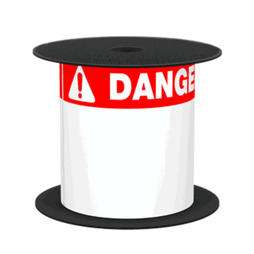 Brother BMSLT46DANGB | 4\" x 6 White Die Cut DANGER 1-1/8\" Red Header Vinyl Thermal Transfer Labels 200/Roll 1\' Core Image 1