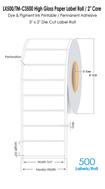 LX500 3\" x 2\" High Gloss Paper Labels 500/Roll