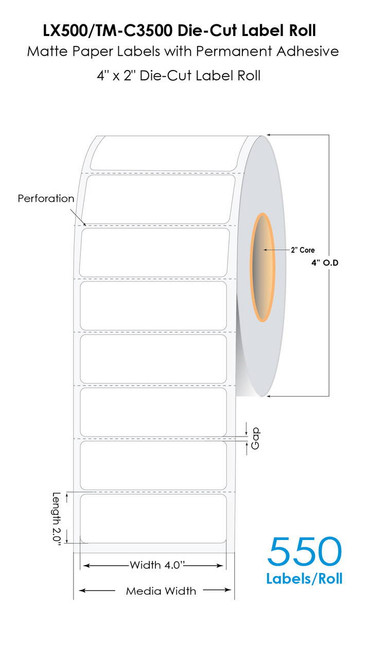 LX500/TM-C3500 4"x2" Die Cut Matte Paper Label 550/Roll