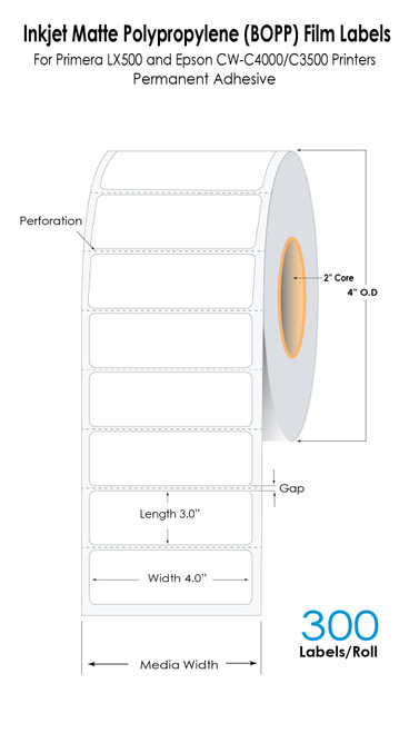 LX500 4" x 3"  Matte BOPP Labels 300/Roll - 2in Core - 4in OD - 6 Rolls/Carton