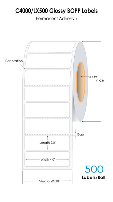 LX500 4" x 2"  Glossy BOPP Labels 500/Roll - 2"Core-4" OD