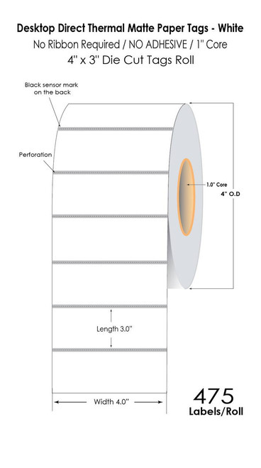 White Direct Thermal 4" x 3" Name Badges/Tags  475/Roll - 1" Core | 4" OD (No Ribbon Required)