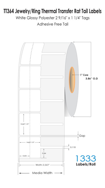 Jewelry Labels TT364 Poly-LAM White High Gloss Thermal Transfer Tags 1” Core - 1333/Roll - 4 rolls/carton