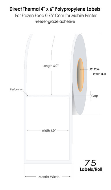Zebra 4" x 6" Direct Thermal Mobile BOPP Labels for Frozen Foods with 0.75" Core/2.20" OD 75/Roll