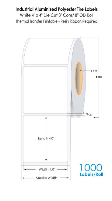 Tire Labels 4\" x 4\" White Aluminized Polyester Labels 1000/Roll 3\" Core/8\" OD