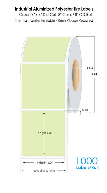 Tire Labels 4" x 4" Green Aluminized Polyester Labels 1000/Roll 3" Core/8" OD