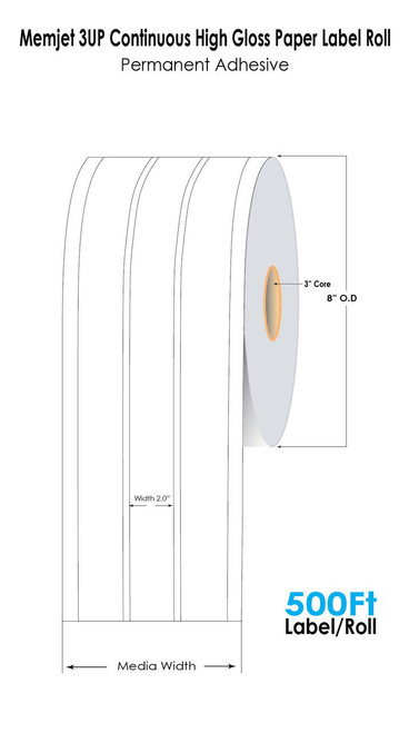 Memjet 2” x 500Ft 3UP Continuous High Gloss Paper Label Roll 3\" Core/8\" OD Inkjet/Laser