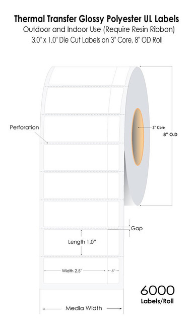 Thermal Transfer 3\" x 1\" Custom Glossy Polyester UL Labels 6000/Roll 3\" Core/8\" OD
