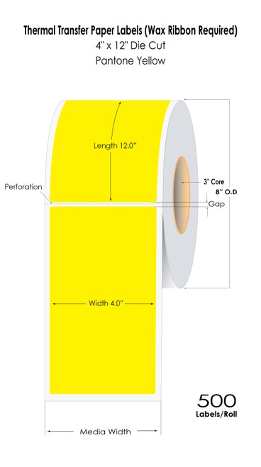 Thermal Transfer 4” x 12” Yellow Floodcoated Label 500/Roll 3” Core/8" OD