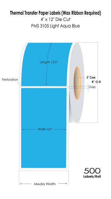 Thermal Transfer 4” x 12” Blue Floodcoated Label 500/Roll 3” Core/8" OD