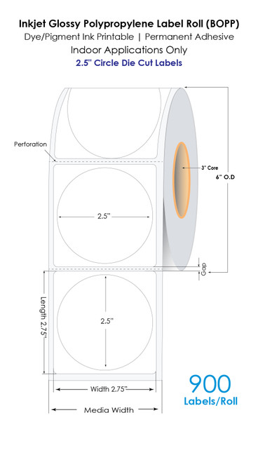C6500 2.5" Circle Glossy Polypropylene Labels, 900/Roll, 3"/6"OD (Inside 2.75" Square Label)