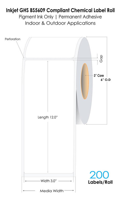 C6500 3.0”x 12” Inkjet GHS BS5609 Chemical Label Roll 200/Roll
