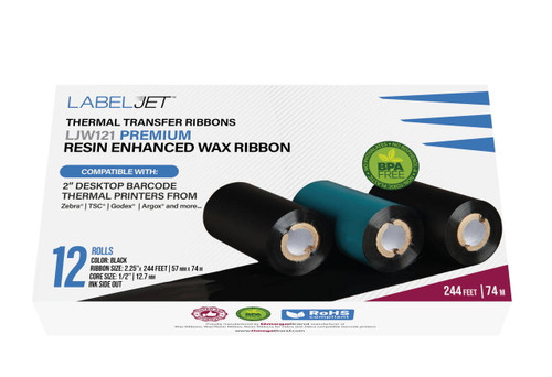LabelJet Zebra 2.25\" x 243Ft (57mm x 74m) TDW121 Black Wax Ribbon (8 Rolls) 1/2\" Core Ink Out