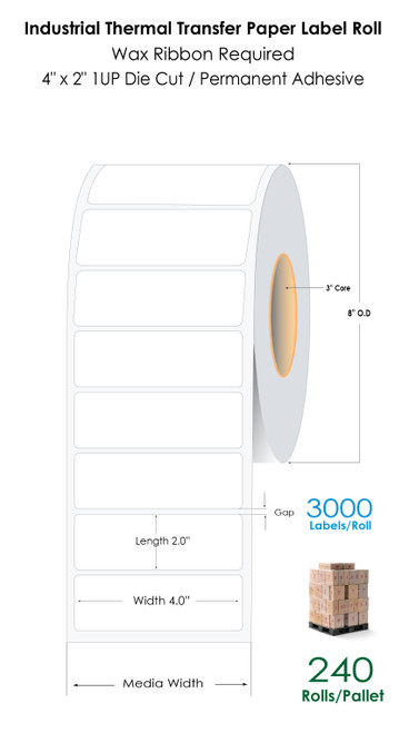 Industrial 4" x 2" NP Thermal Transfer Paper Labels 3000/Roll - 3" Core | 8" OD (Pallet Sale)