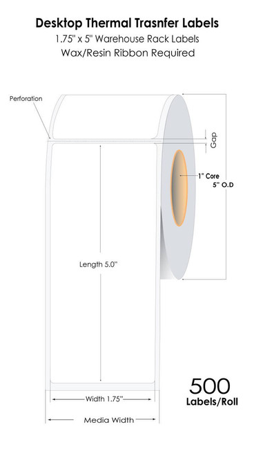 Thermal Transfer 1.75\" x 5\" White Polyolefin Warehouse Rack Labels 500/Roll - 1\" Core | 5\"OD