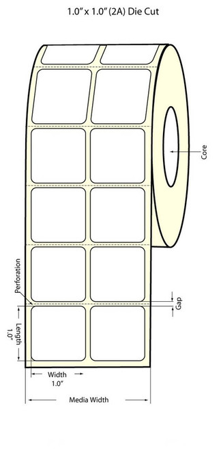 TM-C7500G 1\" x 1\" (2 UP) Matte BOPP Labels 3550/Roll with 5mm Leading Edge black sensor marks 6\" OD