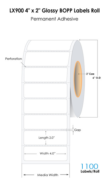 C6500 4" x 2"  Glossy BOPP Labels 1100/Roll - 3in core and 6in OD roll