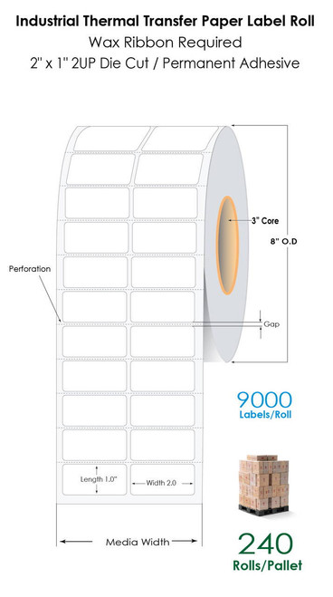 Industrial 2\" x 1\" 2UP Thermal Transfer Paper Labels 9000/Roll - 3\" Core | 8\" OD (Pallet Sale)