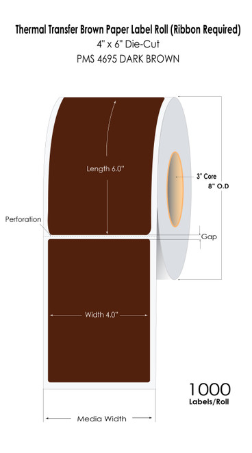 Thermal Transfer 4" x 6" Dark Brown Color Paper Labels 1000/Roll - 3" Core | 8" OD