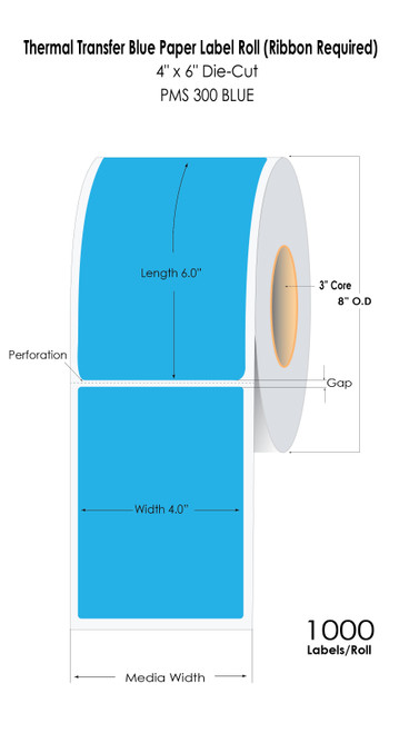 Thermal Transfer 4" x 6" Blue Color Paper Labels 1000/Roll - 3" Core | 8" OD