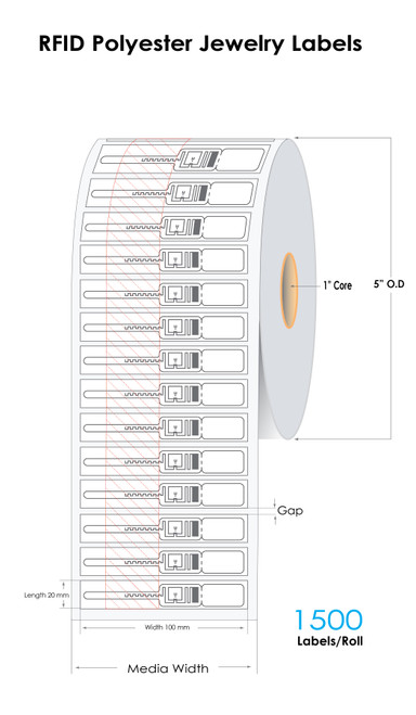 Thermal Transfer 2.7" x 1" Polyester RFID Jewellery Labels 1500/Roll 1" Core/5" OD Roll