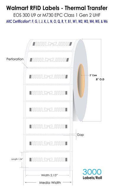 Walmart RFID Labels - 2.13\" x 1.24\" Thermal Transfer 3000/Roll 3\" Core