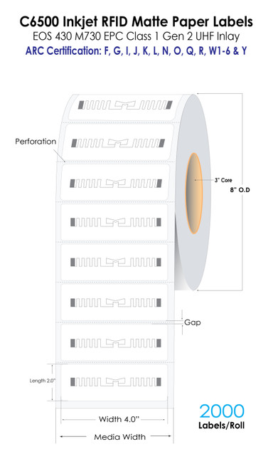 Inkjet RFID Labels 4" x 2" Matte Paper 2000/Roll 3" Core/8" OD