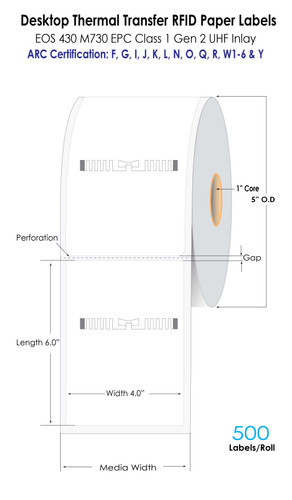 Thermal Transfer 4\" x 6\" RFID Labels 500/Roll 1\" Core - EOS 430 M730 EPC Class 1 Gen 2 UHF 40665 DurafastLabel.ca