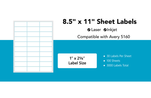 Avery 5160 Compatible Laser/Inkjet Sheet Labels - 2.64"x1" 30/Sheet - 100 Sheet Pack
