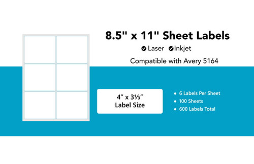Avery 5164 Compatible Laser/Inkjet Sheet Labels -  4\"x3.33\" 6/Sheet - 100 Sheet Pack
