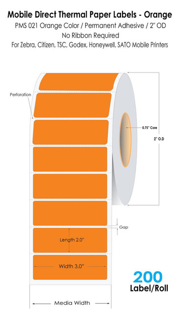 Orange Mobile Direct Thermal 3\" x 2\" Paper Labels 200/Roll 0.75\" Core 2.0\" OD