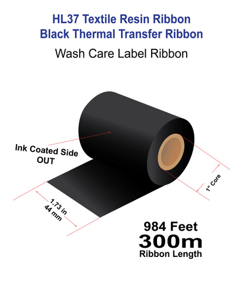 Zebra 1.73" x 984 Feet (44mm x 300m) HL37 Black Textile Resin Ribbon with Ink OUT