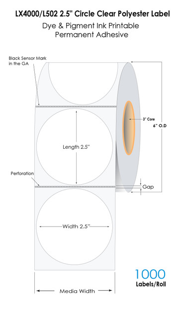 LX4000 2.5" Circle 1UP Inkjet Clear Polyester Labels 1000/Roll | 3" Core/6" OD 1/8" Blk Mark in 1/4" GAP