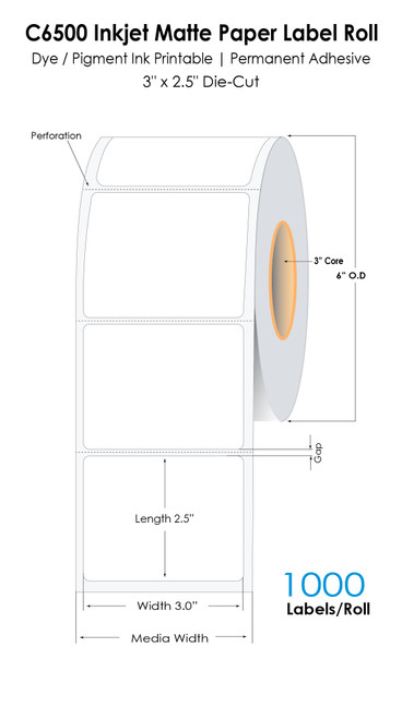 C6500 3" x 2.5" Matte Paper Labels 1000/Roll