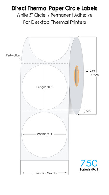 Direct Thermal 3" Circle White 200HD Labels 750/Roll 1" Core/5" OD Direct Thermal 3" Circle White 200HD Labels 750/Roll 1" Core/5" OD