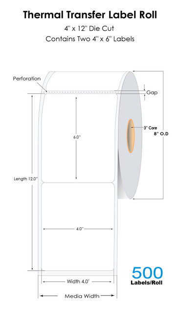 Thermal Transfer 4" x 12" (Contains Two 4"x6") Labels 500/Roll - 3" Core | 8" OD