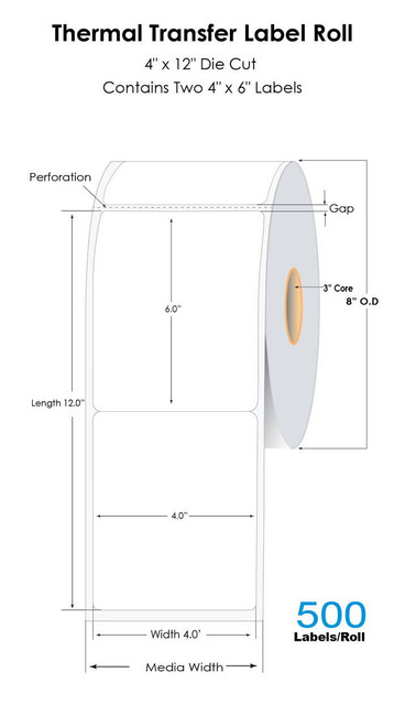 Thermal Transfer 4\" x 12\" (Contains Two 4\"x6\") Labels 500/Roll - 3\" Core | 8\" OD