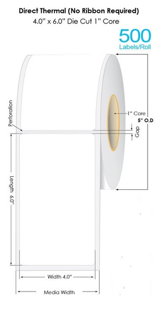 Direct Thermal 4" x 6" White Labels 500/Roll  1" Core/5" OD