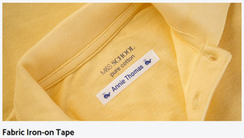 Black on white iron on label on yellow shirt