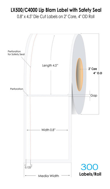 LX500/C4000 0.8\" x 4.5\" Glossy BOPP Lip Balm Label 300/Roll 2\"Core/4\" OD