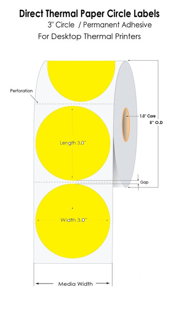 Desktop Direct Thermal 3" Circle Yellow 200HD Labels 950/Roll 1" Core/5" OD Desktop Direct Thermal 3" Circle Yellow 200HD Labels 950/Roll 1" Core/5" OD
