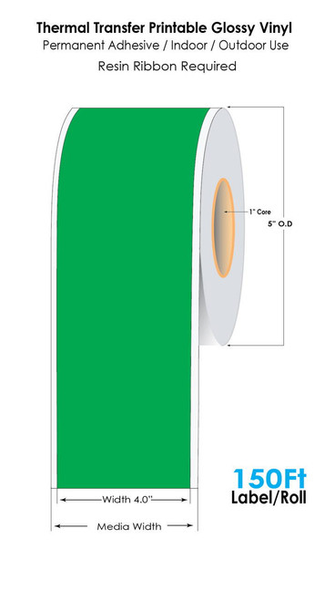 Green 4in x 150 Ft Cont 3Mil Glossy Vinyl Label Tape Roll - 1in Core