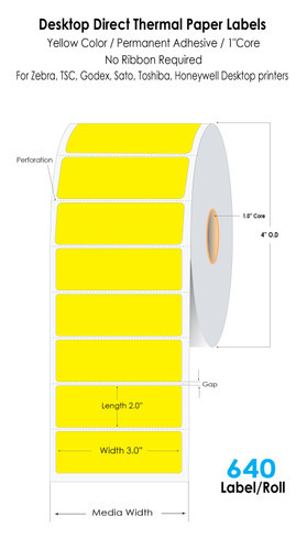 Yellow Direct Thermal 3\"x2\" Paper Labels 640/Roll 1\"Core/4\"OD