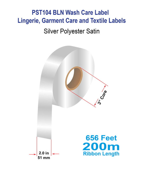 PST104 BLN 2\" x 656 Ft Sew-On Wash Care Label | Silver Polyester Satin - 3\" Core