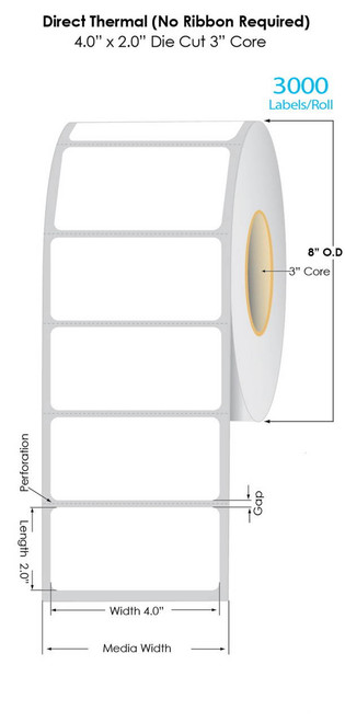 Industrial 4” x 2” Removable Adhesive Direct Thermal Labels 3000/Roll - 3\" Core | 8\" 