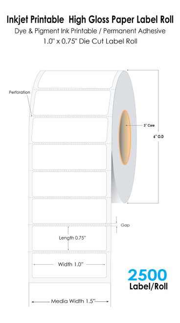 C8000 1.0" x 0.75" Inkjet High Gloss Paper Labels 2500/Roll 3" Core/6" OD