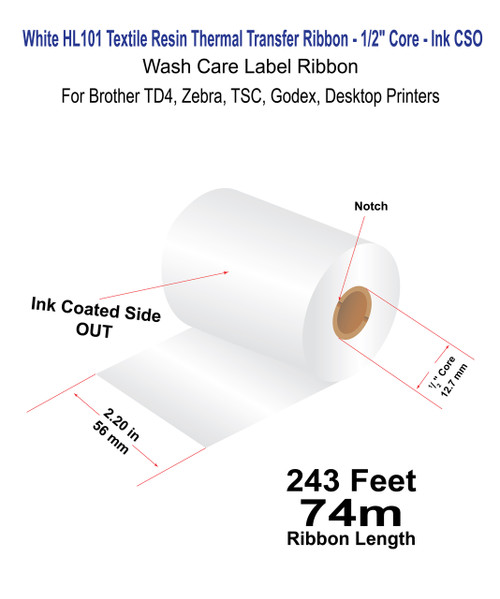 Zebra 2.24" x 243 Feet (57mm x 74m) HL101 White Textile Resin Ribbon with Ink OUT