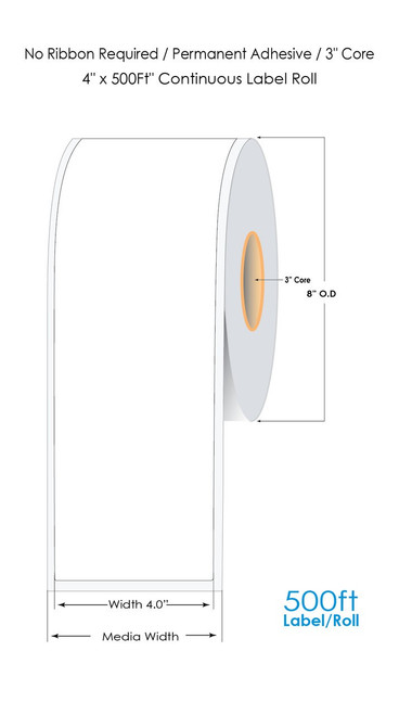 Direct Thermal 4" x 500Ft Continuous Polypropylene Label Roll - 3" Core | 8" OD