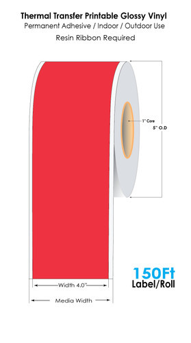 Red 4in x 150 Ft Cont 3Mil Glossy Vinyl Label Tape Roll - 1in Core