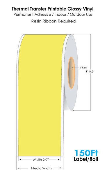 Yellow 2in x 150 Ft Cont 3Mil Glossy Vinyl Label Tape Roll - 1in Core